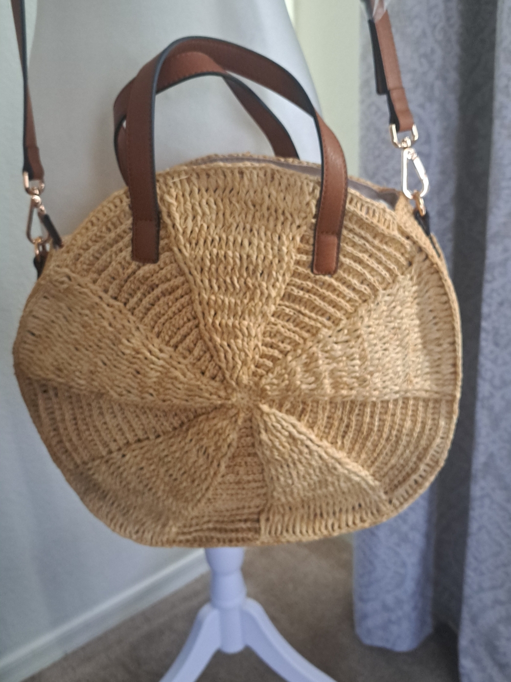 LC Lauren Conrad Round Woven Crossbody in Natural with Brown Handles